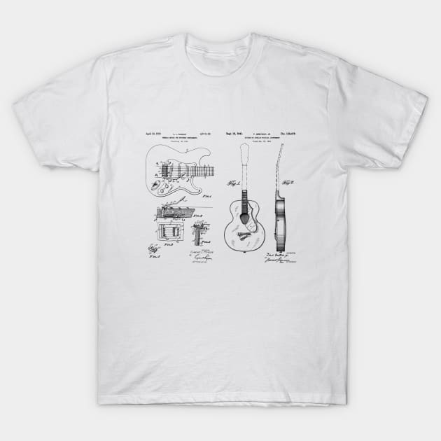 Acoustic and Fender Guitar Tremolo Patent Prints T-Shirt by MadebyDesign